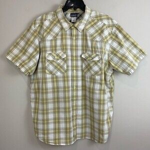 Patagonia Yellow Plaid Shirt Short Sleeve Organic Cotton Mens Sz XL Outdoor